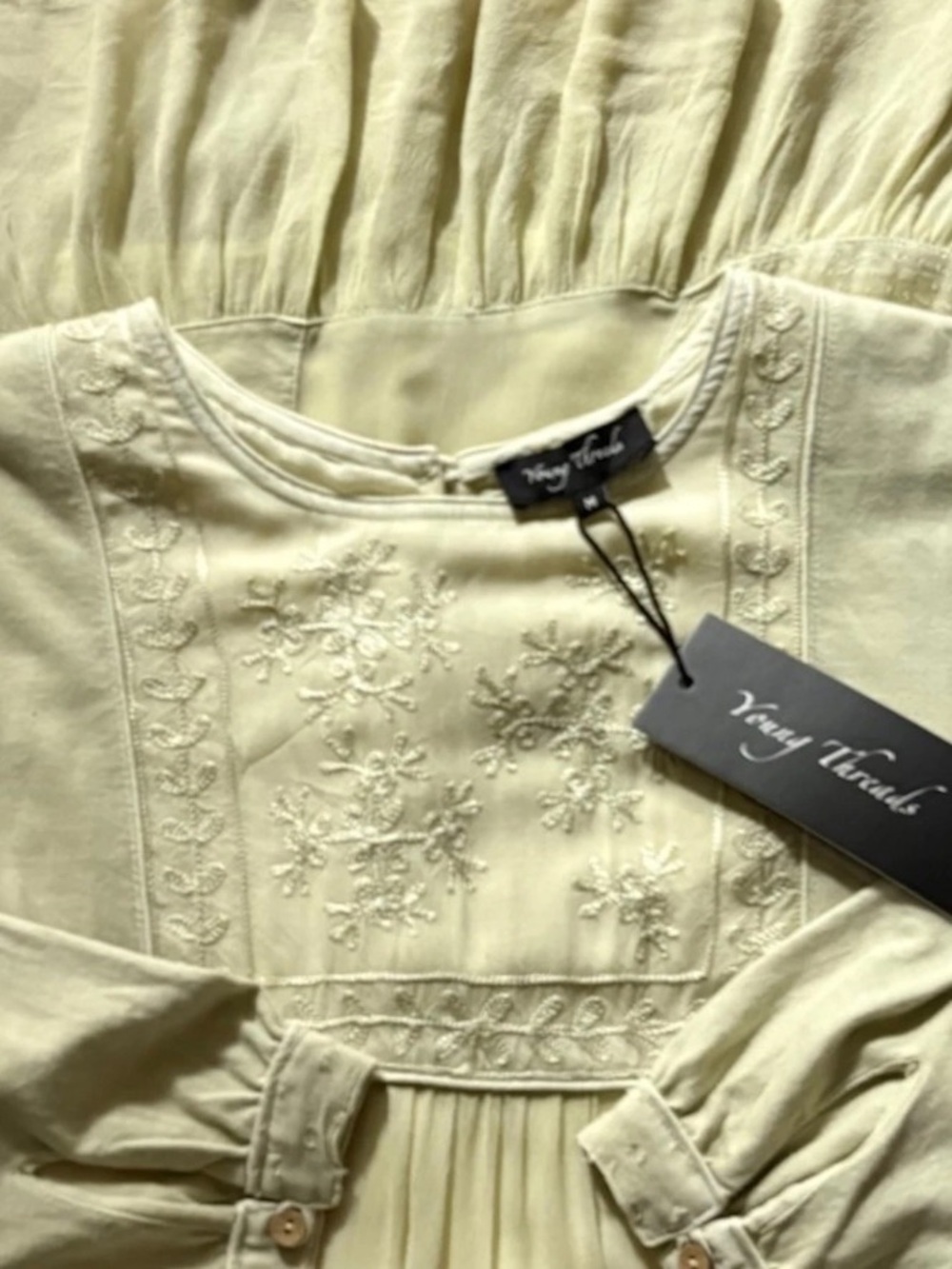 NWT Young Threads Avocado Crepe Embroidered Ruffle Scoop Neck A-Line Dress M - Picture 10 of 14